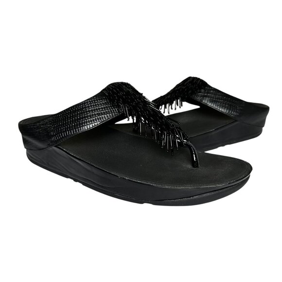 FitFlop Black Beaded Fringe Microwobbleboard Sandals Size 10 Comfort Beach Wedge - Picture 1 of 8